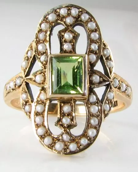 9Ct 9K Gold Peridot & Seed Pearl 47 Stone Long Art Deco Ins Large  8 Ring