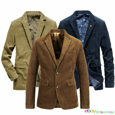 Mens Retro Blazer Jacket Casual Business Fit Slim Suit Corduroy Two Button Coats
