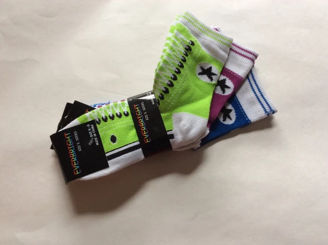3 Pairs Girls Novelty Sneaker Socks Blue/Purple/Green* Converse*Siz 6-8 Ages 4-9