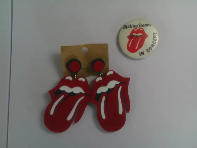 Vintage ROLLING STONES In Concert. Tongue Pin-Back Button & Tongue Earrings