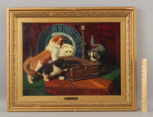 Pintura al óleo grande firmada SIDNEY BRACKETT gatitos americanos gatos con género cigarro