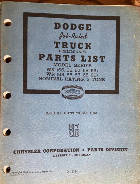 1946 OEM Dodge Trucks Parts List Model Series WK & WR 65 66 67 68 69 No. D11324