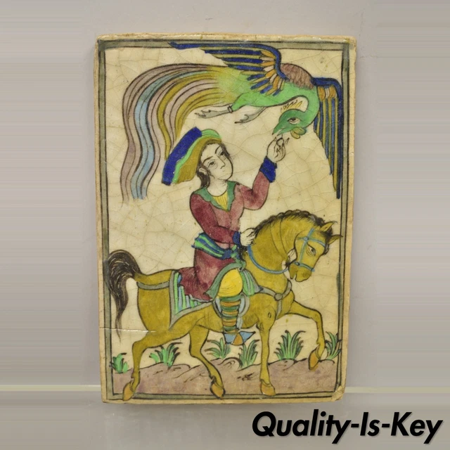 Antique Persian Iznik Qajar Style Lrg Ceramic Pottery Tile Bird Horse Rider C1