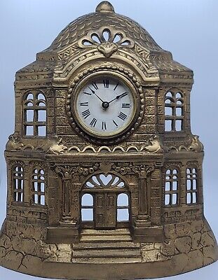 Antique Working 1885 Gilt Cast Iron Architectural Figural Building Mantel Clock