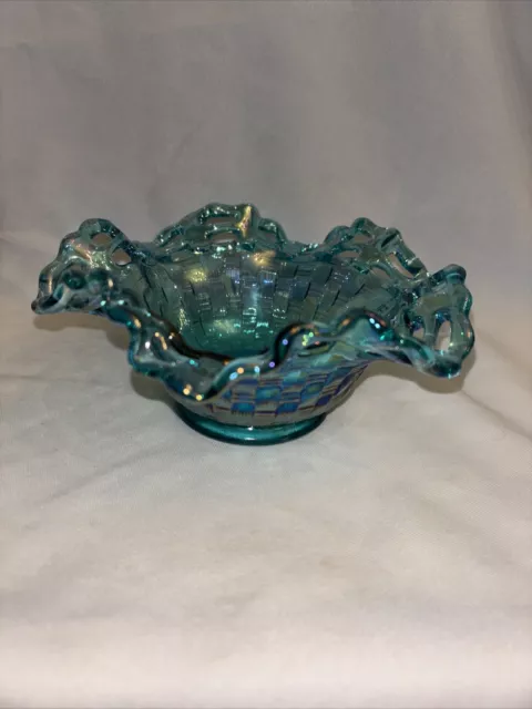 Fenton Blue Carnival Glass Open Edge Basketweave Bowl Candy Dish Sign