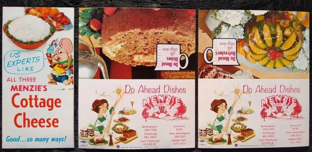 Vtg MENZIE DAIRY CO. AD & RECIPE CARD LOT McKeesport Somerset New Kensington