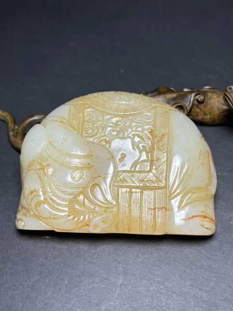 Chinese Exquisite Handmade Elephant carving Hetian Jade Statue Belt Buckle
