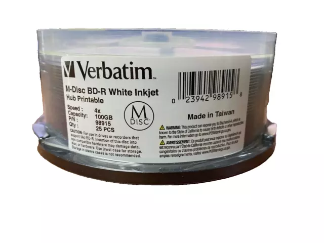 Verbatim M-Disc BD-R 100GB 4X White Inkjet/Hub Printable - 25 Pack Spindle