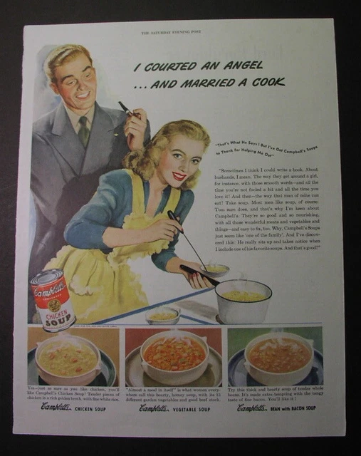 CAMPBELL'S CHICKEN SOUP: group of 8 color ads, 1940-55; wartime meals; new name