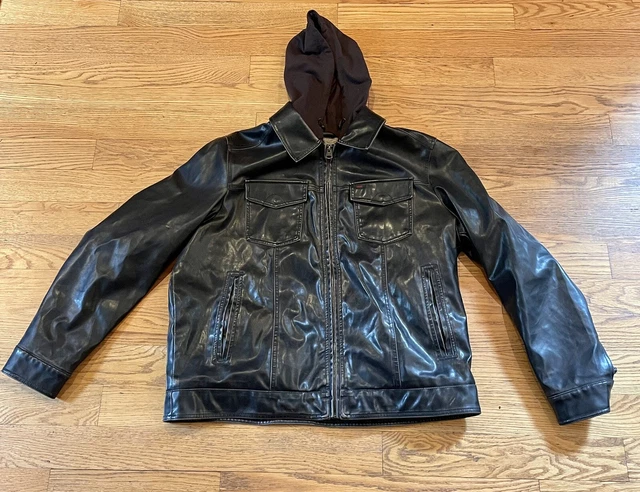 Levi's Men's Faux Leather Dark Brown Aviator Bomber Jacket EEG w/ Hoodie Sz 2 XL