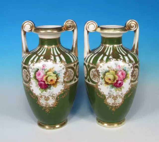 Nippon Antique Japanese PR Napoleon II Sevres Style Handled Moriage Mantle Urns