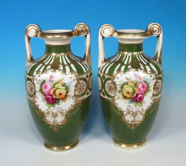 Nippon Antique Japanese PR Napoleon II Sevres Style Handled Moriage Mantle Urns