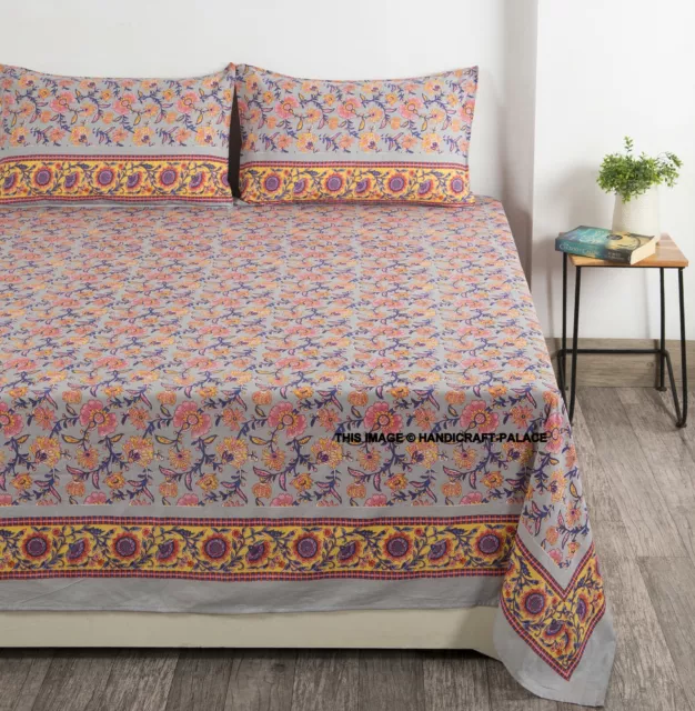 Indian Hand Block Print Grey Flower Cotton Bed Fitted Sheet Sets 2 Pillow Cases