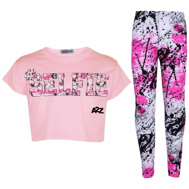 Kids #SELFIE Splash Print Baby Pink Set Crop Top Leggings Outfit Girls Age 5-13