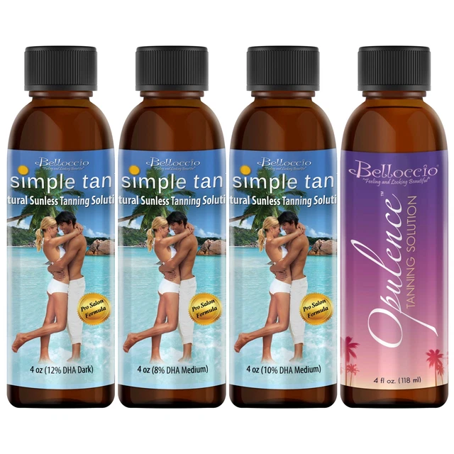 Paquete de variedades de solución de bronceado sin sol Belloccio, bronceado simple y opulencia, 4 oz cada uno