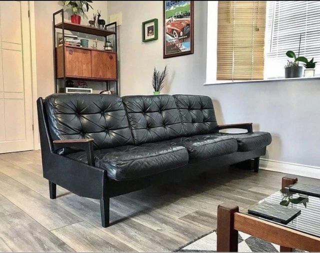 Vintage Mid Century Danish original 70’s Black leather and Teak 3 seater Sofa.