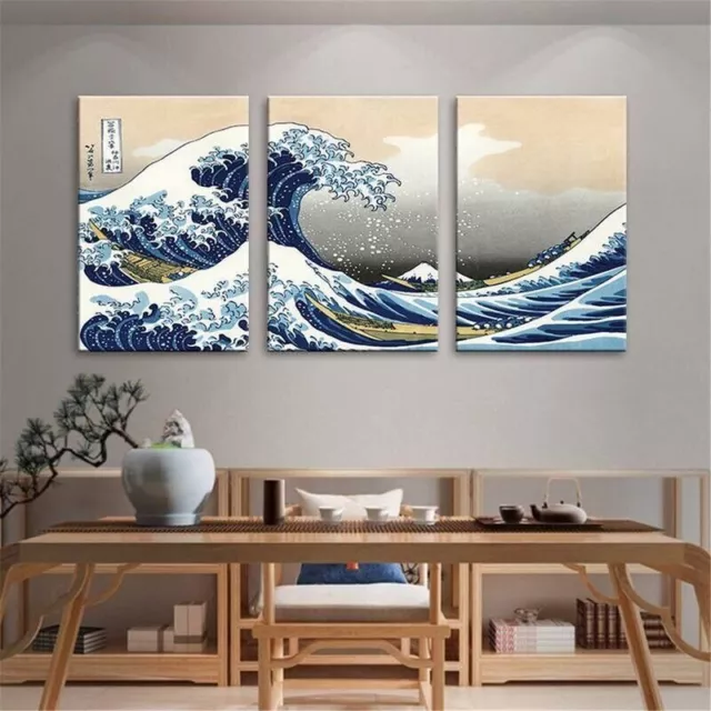 3pce Katsushika Hokusai The Great Wave Off Kanagawa Canvas Wall Art Unframed