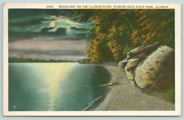 Starved Rock Illinois~State Park~Moonlight on the Illinois River~Postcard