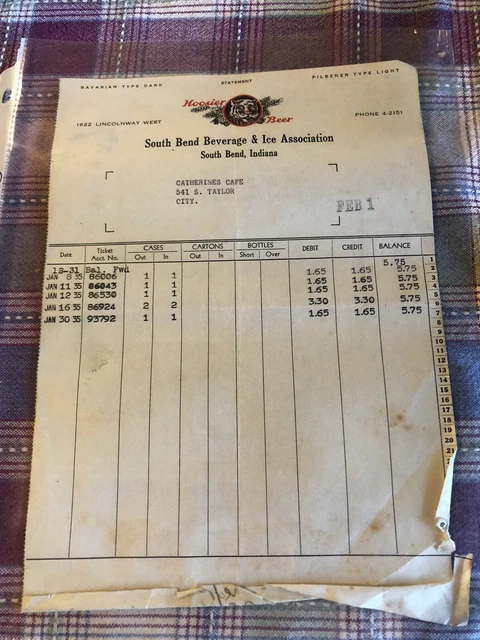 Vintage 1934 1935 Hoosier Beer Statement Invoice letterhead South Bend, IN 10x7