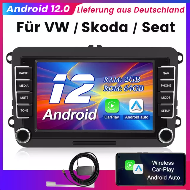 7" Mit Lüfter&DAB+ CarPlay Für VW/Skoda/Seat Stereo Android 12 Autoradio 2+64GB