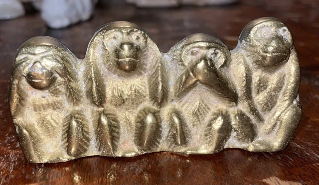 Wise Monkies Brass Figurine Paperweight Vtg MONKEYS See Hear Speak Do No Evil