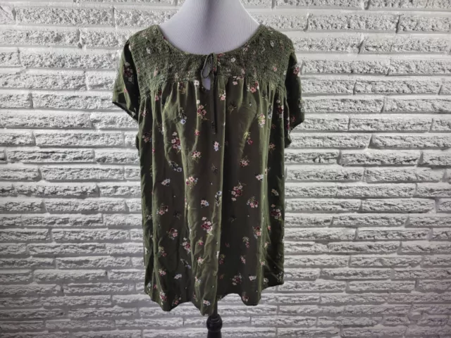 Faded Glory Womens Top 4X Short Sleeve Baby Doll Cinched Green Floral Casual