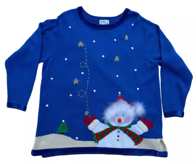 Quaker Factory Snowman Christmas Sweater Vintage Blue Feather Trim Ugly 2X NWT