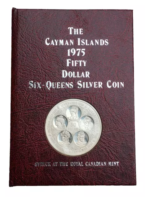 Cayman Islands, 1975 Six-Queens $50 Commemorative Proof Coin, w/ book