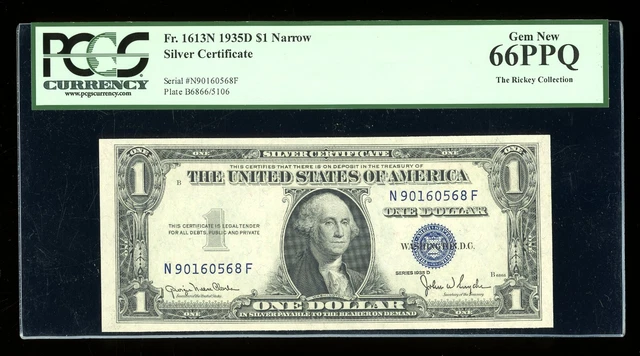 DBR 1935-D $1 Silver Gem Fr. 1613N Narrow NF Block PCGS 66 PPQ Serial N90160568F
