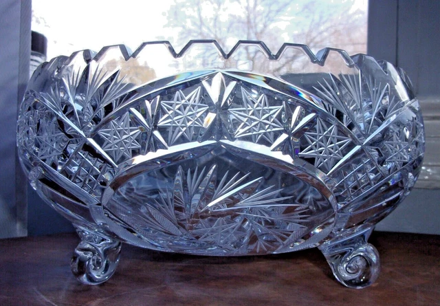Antique Brilliant Cut Glass Clear Crystal Footed Bowl Sawtooth Topstar Patterns