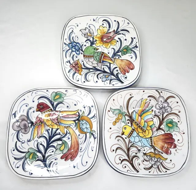 Set x3 Italian Decorative Plate/Dish 8.5" Hand Painted Birds Signed "Baffoni"