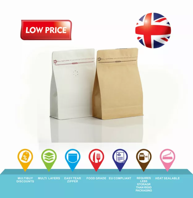 100g Flat Box Block Bottom Kraft White coffee bag valve ziplock✅Fast dispatch