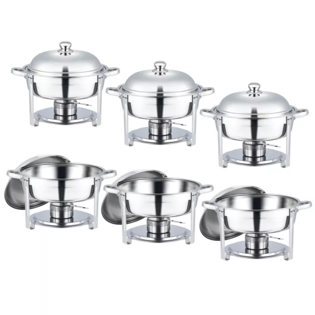 6pcs Round Stainless Steel Chafing Dish Kit w/ 5L Food Pans Fuel Holders Lids 3