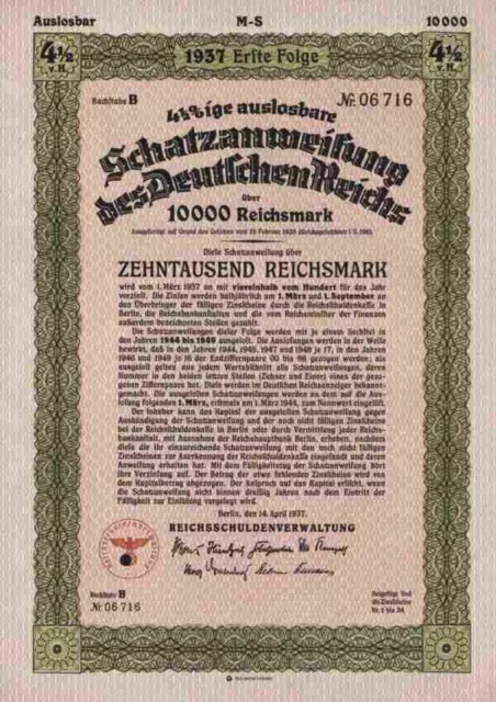 DEUTSCHES Reich 4,5 % Schatzanweisung 1937 Berlin Adler 10.000 RM Schultzenstein