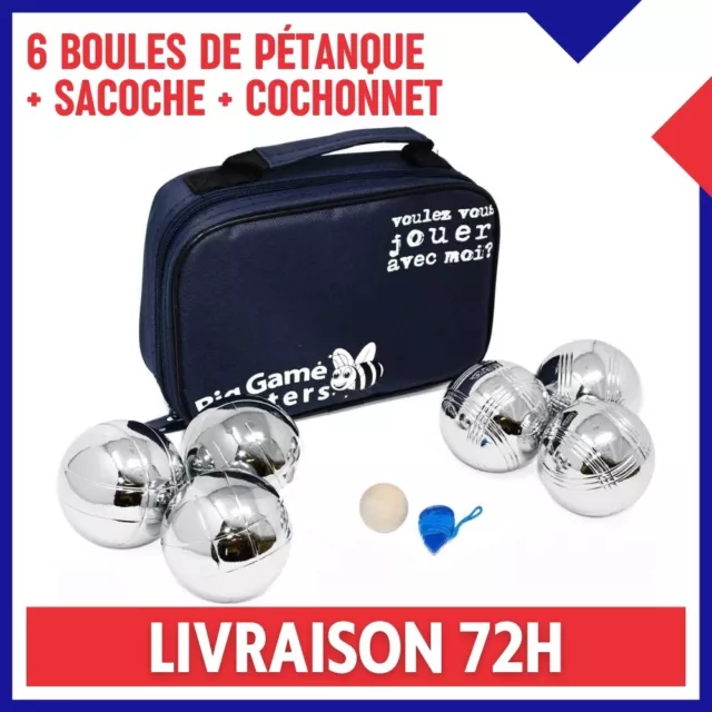 6 Boules de Pétanques 720gr Métal Poli Antirouille Sacoche en Toile Cochonnet