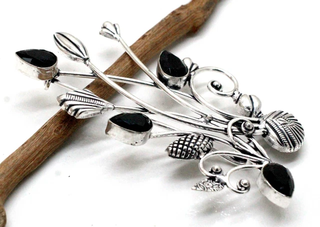 925 Sterling Silver Black Spinel Gemstone Handmade Jewelry Brooch Size-2''