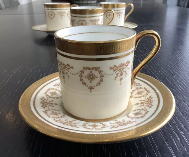 Four Aynsley Gold Dowery Coffee Cans Demi Tasse with Saucers. 3