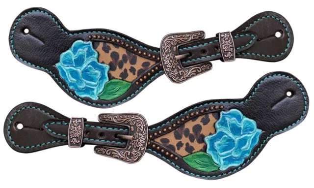 Showman Ladies Blue Flower & Cheetah Inlay Leather Spur Straps
