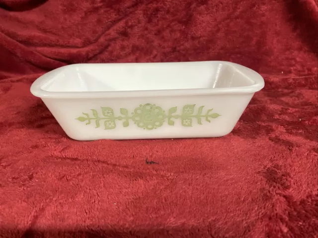 Jeannette / Glasbake Green Floral Medallion Milk Glass Loaf Pan Casserole Dish