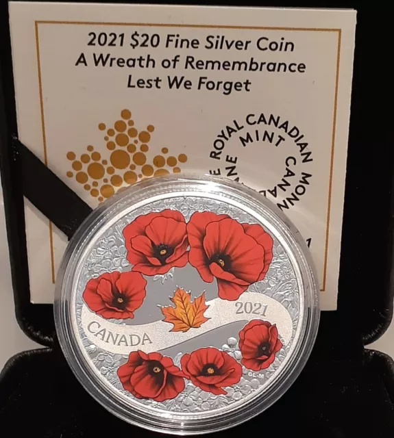 2021 Poppy Wreath of Remembrance Lest We Forget $20 1OZ Silver Proof Coin Canada