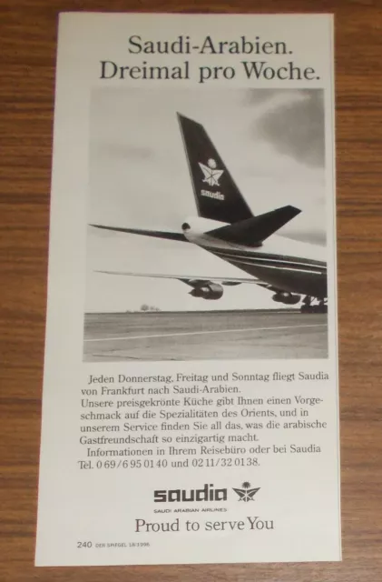 Seltene Werbung SAUDIA SAUDI ARABIAN AIRLINES - 3x pro Woche Saudi-Arabrien 1996