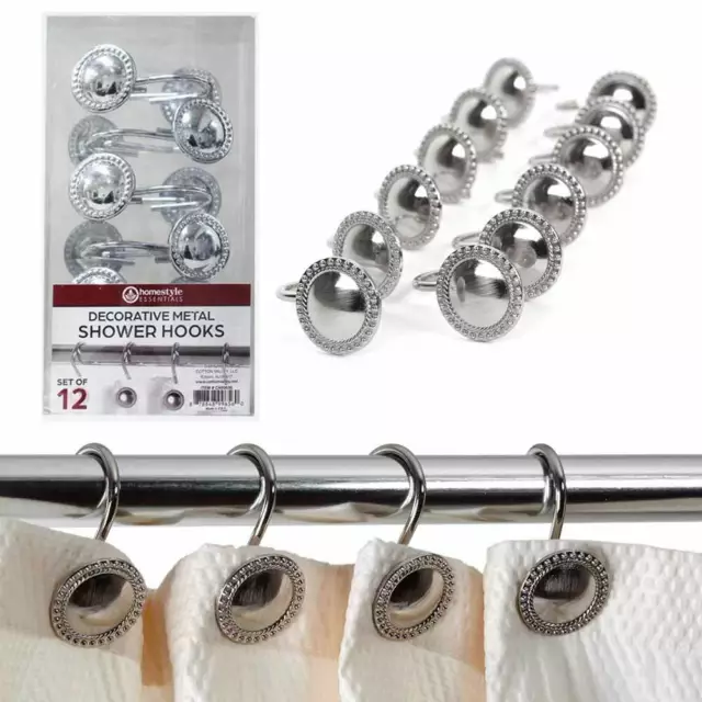 12 Pc Shower Hooks Curtain Rings Decorative Metal Heavy Duty Rod Bathroom Silver