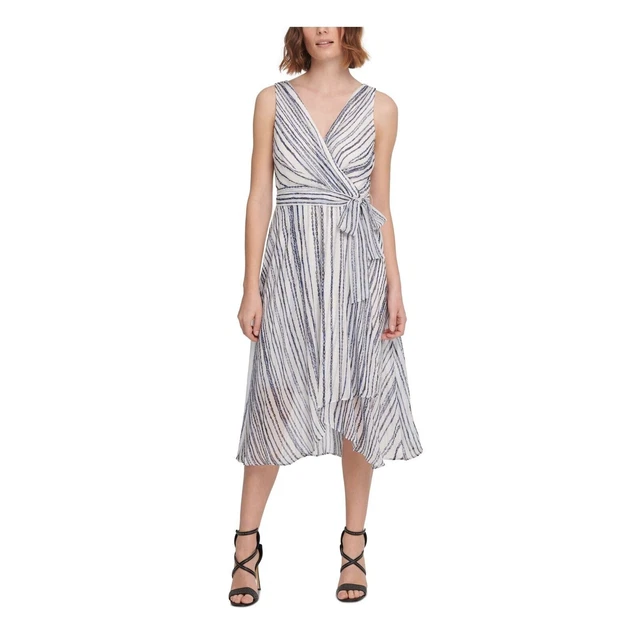 DKNY Women Asymmetrical Wrap Dress Tie Waist V Neck Chain Print White Blue SZ 10