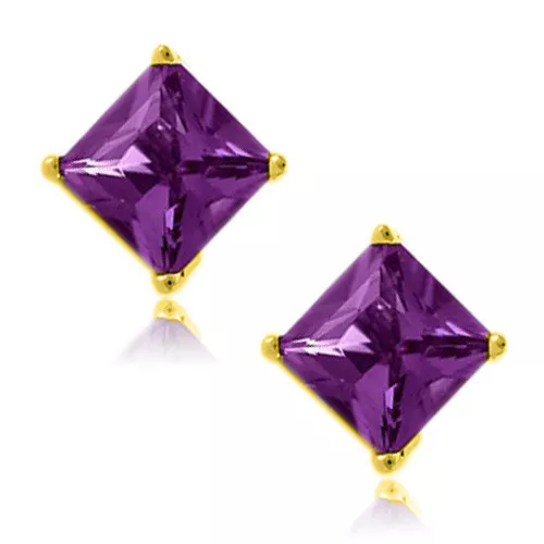 Amethyst Square Princess Cut CZ Crystal YGP 925 Sterling Silver Stud Earrings