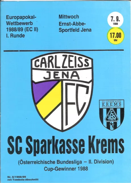 DDR Carl Zeiss Jena 1988/89 v SC Sparkasse Krems ECWC match programme (1)