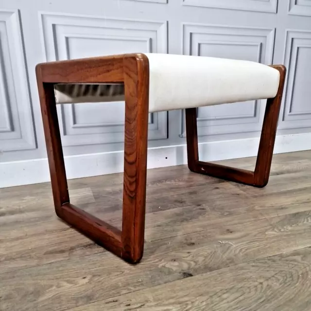 Retro Vintage Mid Century Solid Teak & White Vinyl Stool - G Plan Footstool