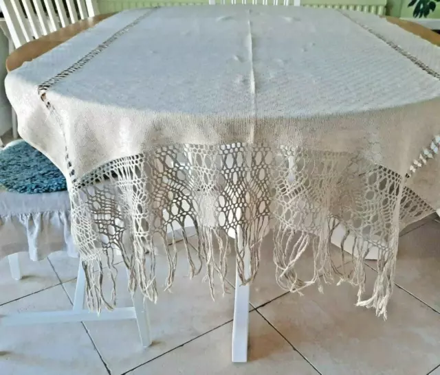 Vintage tablecloth with long knotted fringe, Swedish