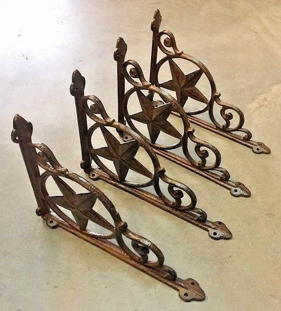 SET OF 4 WESTERN STAR SHELF BRACKET/BRACE, Antique Rustic Brown patina cast iron 7