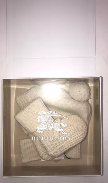 NWT BURBERRY Infant Baby Hat Beanie Booties Cashmere Natural White Gift Set XXS 2