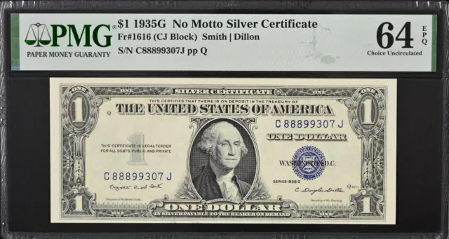 1935-G $1 Silver Certificate Fr# 1616 "Cj" Block Sn#C88899307J Pmg 64 Epq